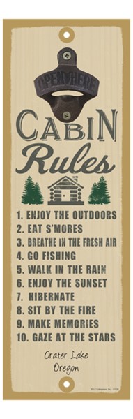 Cabin Rules (cabin & tree image) 5" x 15" bottle opener wood plaque