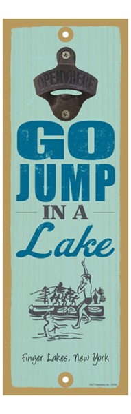 Go jump in a lake (people jumping in lake image) 5" x 15" bottle opener
