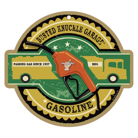 Busted Knuckle Garage Gasoline truck 10" round wood plaque, sign