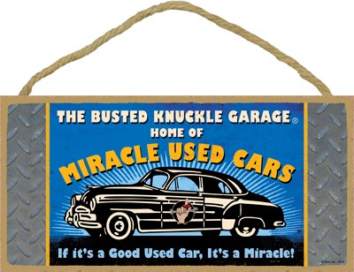 Busted Knuckle Garage - Miracle Used Cars 5" x 10" wood plaque, sign