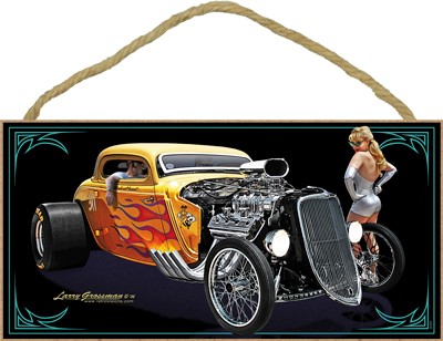 Blown '34 yellow car with flames with chick in white dress 5" x 10" wood pl…