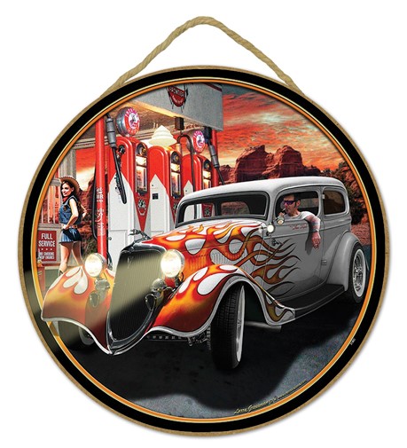 Canyon Gas - white car with flames at gas pump 10" round wood plaque, sign …