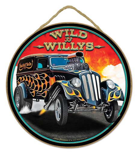 Wild Willys - black car with flames 10" round wood plaque, sign - features …