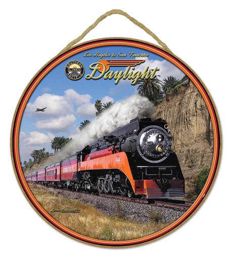 Daylight RR train 10" round wood plaque, sign - features the artwork of Lar…