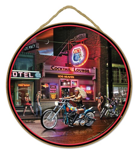 Biker Babe 10" round wood plaque, sign - features the artwork of Larry Grossman