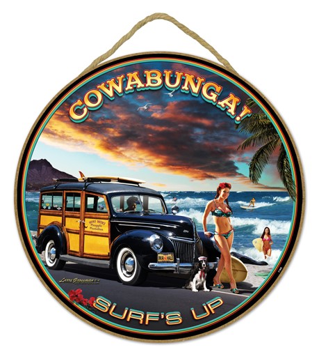 Cowabunga surf's up - woody near the beach 10" round wood plaque, sign - fe…