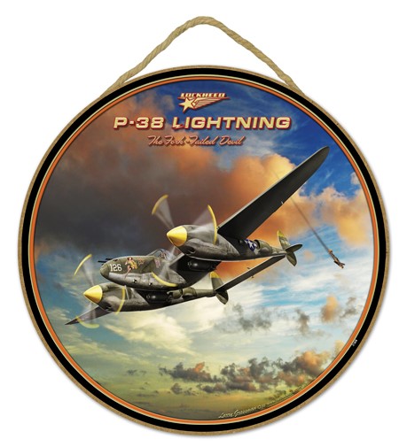 P-38 Lightning plane 10" round wood plaque, sign - features the artwork of …