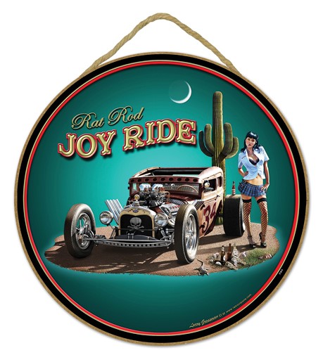 Rat Rod Joy Ride car with green background with cactus. 10" round wood plaq…