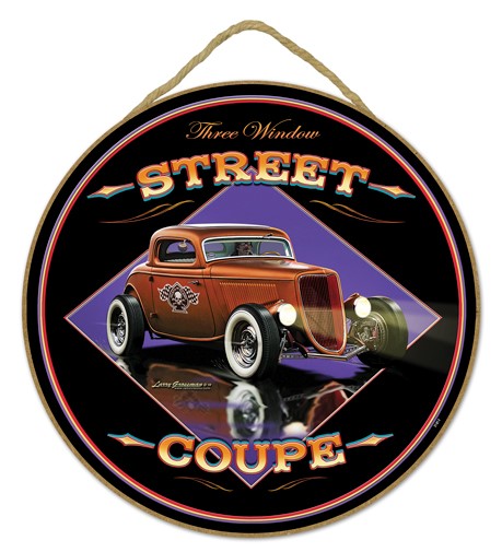 Street Coupe - Three Window with black and purple border 10" round wood pla…