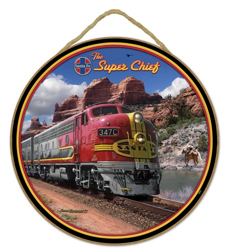 Santa Fe train 10" round wood plaque, sign - features the artwork of Larry …