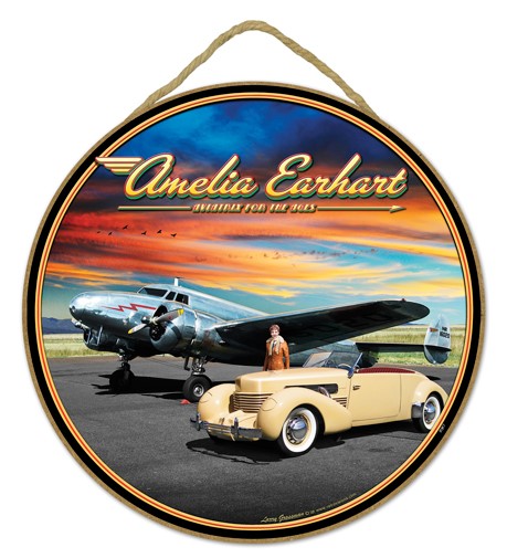 Amelia Earhart 10" round wood plaque, sign - features the artwork of Larry …