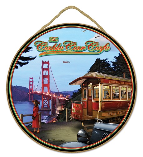 Cable Car CafÌ© 10" round wood plaque, sign - features the artwork of Larry…