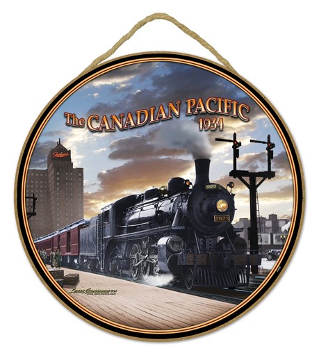 Canadian Pacific 1934 train 10" round wood plaque, sign - features the artw…