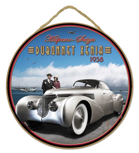 Dubonnet Xenia 1938 silver car 10" round wood plaque, sign - features the a…