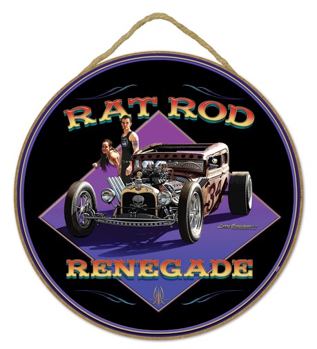 Rat Rod Renegade hot rod car with black/purple background 10" round wood pl…