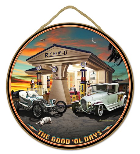 Richfield - The Good 'Ol Days with two hot rods 10" round wood plaque, sign…