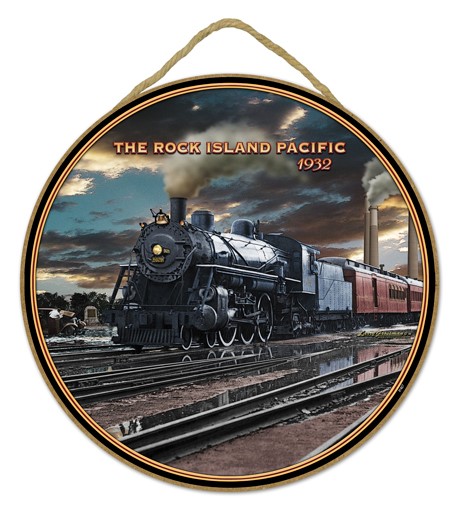 Rock Island Pacific 1932 10" round wood plaque, sign - features the artwork…