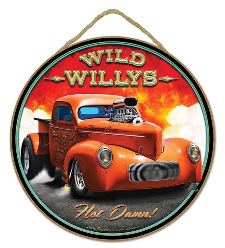 Wild Willys - Hot Damn! - orange truck  10" round wood plaque, sign - featu…