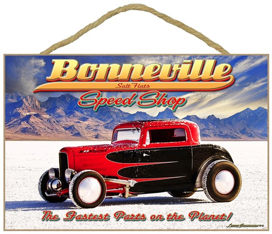 Bonneville Salt Flats Speed Shop with hotrod 7" x 10.5" wood plaque, sign -…