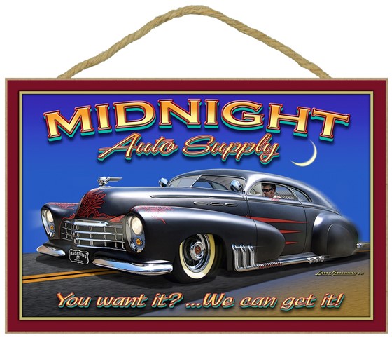 Midnight Auto Supply sign with black car 7" x 10.5" wood plaque, sign - fea…