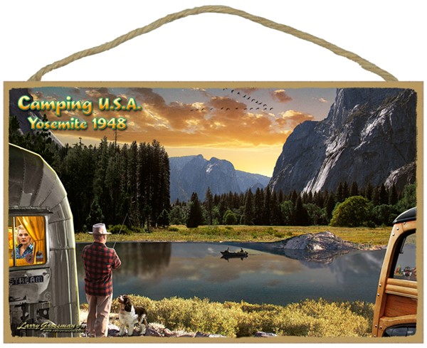Camping USA (Yosemite 1948) 10" x 16" wood plaque, sign - features the artw…