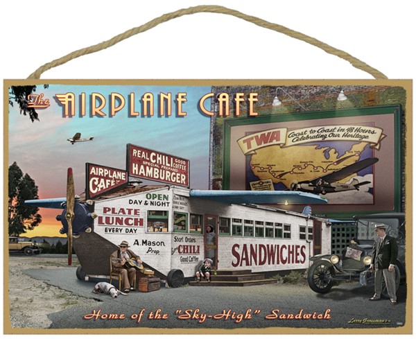 The Airplane CafÌ© 10" x 16" wood plaque, sign - features the artwork of La…