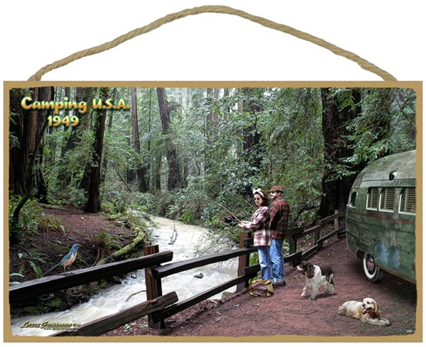 Camping USA (1949) 10" x 16" wood plaque, sign - features the artwork of La…
