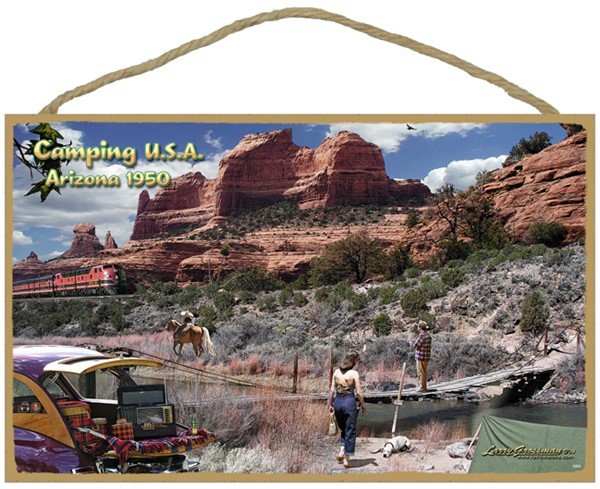Camping USA (Arizona 1950) 10" x 16" wood plaque, sign - features the artwo…