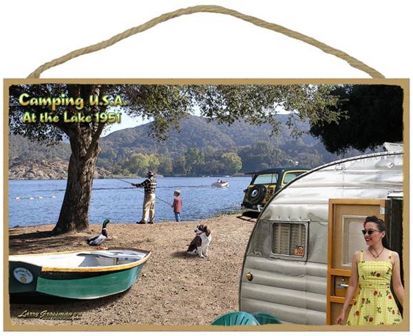 Camping USA (At the Lake 1951) 10" x 16" wood plaque, sign - features the a…