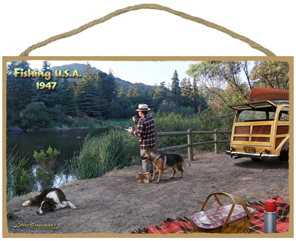 Fishing USA (1947) 10" x 16" wood plaque, sign - features the artwork of La…