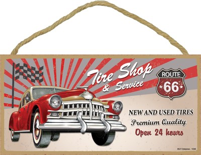 Route 66 - Tire Shop & Service with red car 5" x 10" wood plaque, sign - Rt…