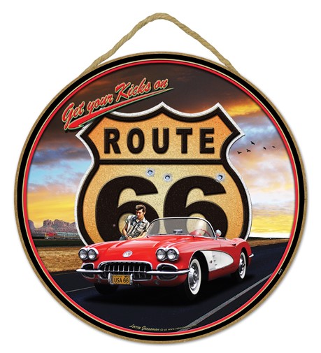 Route 66 - guy red corvette  10" round wood plaque, sign - features the art…