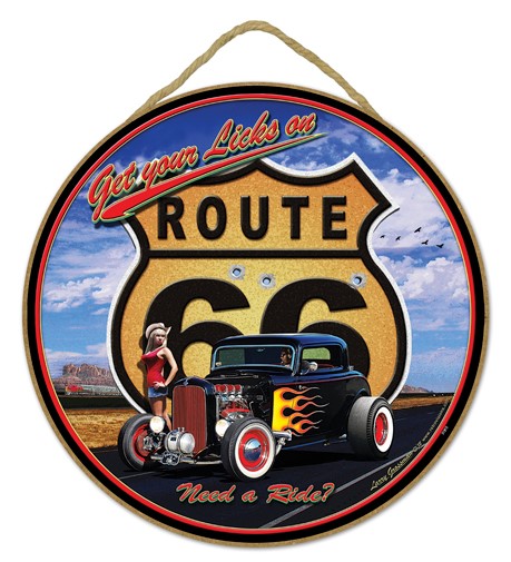 Route 66 - girl with black car with red flames 10" round wood plaque, sign …