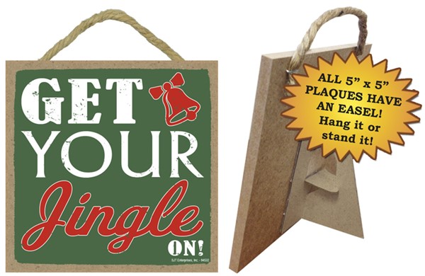 Get your jingle on! 5" x 5" primitive Christmas wood plaque with easel, sig...