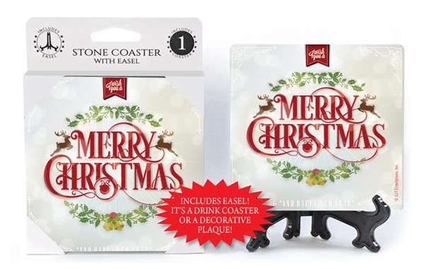 Merry Christmas - Green wreath  with red tag on top - marble bkgd 1-pack co...