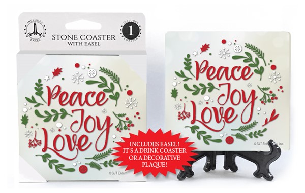 Peace Joy Love - Wreath shape made w/pine and snow icons - marble backgroun...