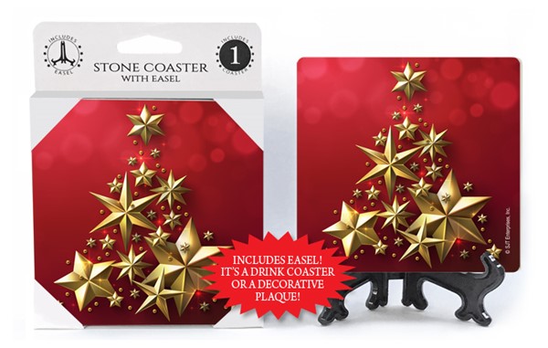Gold stars in shape of Christmas tree - red bkgd 1-pack coaster with easel