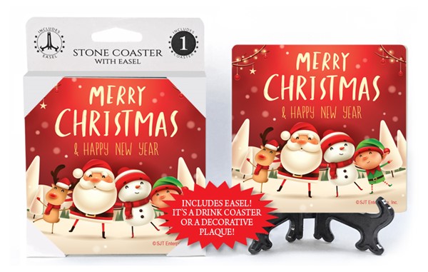Merry Christmas & Happy New Year - Santa, Snowman, Elf and reindeer - snowy...