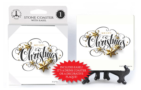 Merry Christmas - Scripty font - white bkgd - Gold stars 1-pack coaster wit...