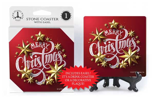 Merry Christmas - Script font with gold stars and red bkgd 1-pack coaster w...