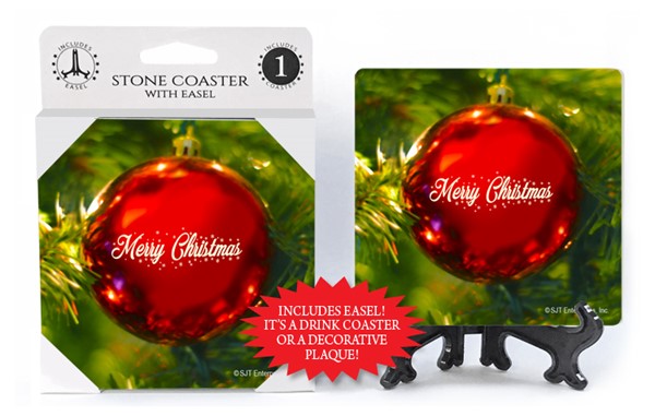 Merry Christmas - Single red ornament hanging on tree 1-pack coaster with easel