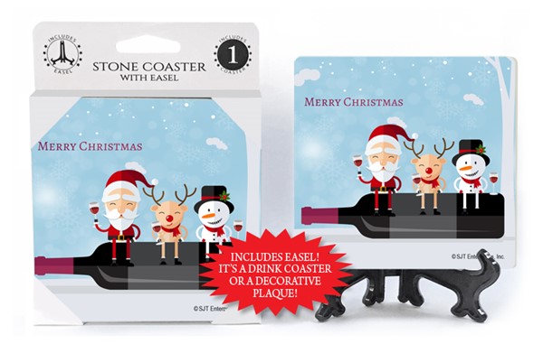 Merry Christmas - Santa, reindeer and snowman drinking wine on top of a win...