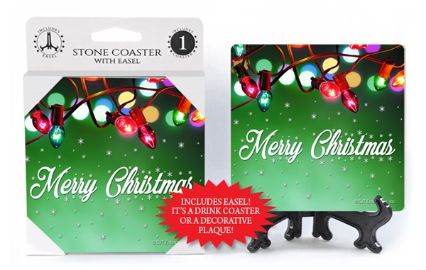 Merry Christmas - Christmas lights hung on top - green bkgd 1-pack coaster ...