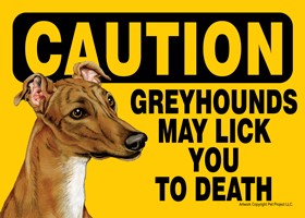 Caution - Greyhounds may lick you to death. (Brown color version.) PLURAL E…