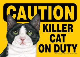 Caution - Killer Cat on duty (Black & white tuxedo cat - more white than bl…