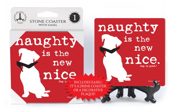Naughty is the new nice. (white dog with black high heel shoe in its mouth,...