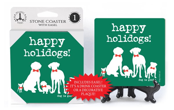 happy holidays! (green bkgd. 5 dogs with red bow ties.) 1-pack coaster with...