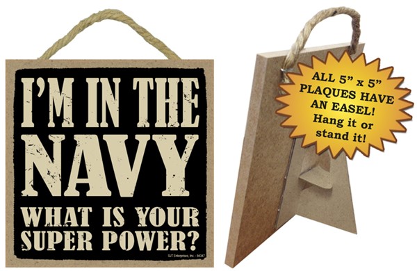 Navy - What is your super power? 5" x 5" wood plaque, sign with easel on th…