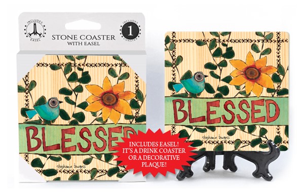 Blessed 1-pack coaster with easel featuring the artwork of Painted Peace - …