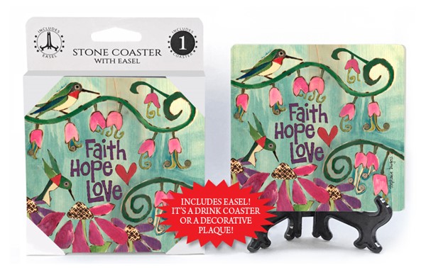 Faith, Hope, Love (hummingbirds with flowers) 1-pack coaster with easel fea…